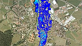 Ausschnitt der topographischen Karte, Bereich Landshut mit Darstellung der Überschwemmungsgebiete; bei Mausklick Aufruf des Kartendienstes Überschwemmungsgefährdete Gebiete in Bayern; bei Mausklick Aufruf des Kartendienstes Überschwemmungsgefährdete Gebiete in Bayern